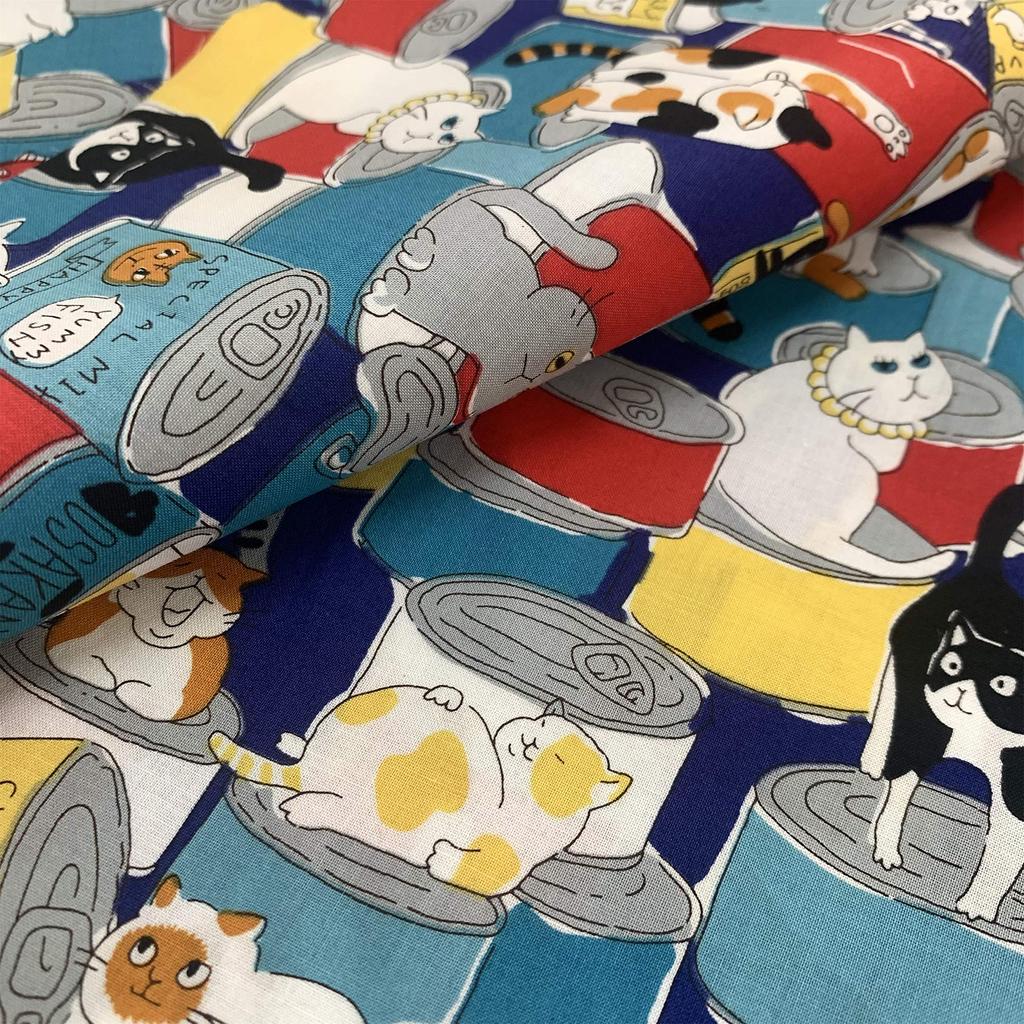 Cotton Cute Cat Print Fabric for Handmade and 150cm Plain Weave Navy 100% Patchwork, Clothes, Crafts, Wide, (Dark Background, 200cm)