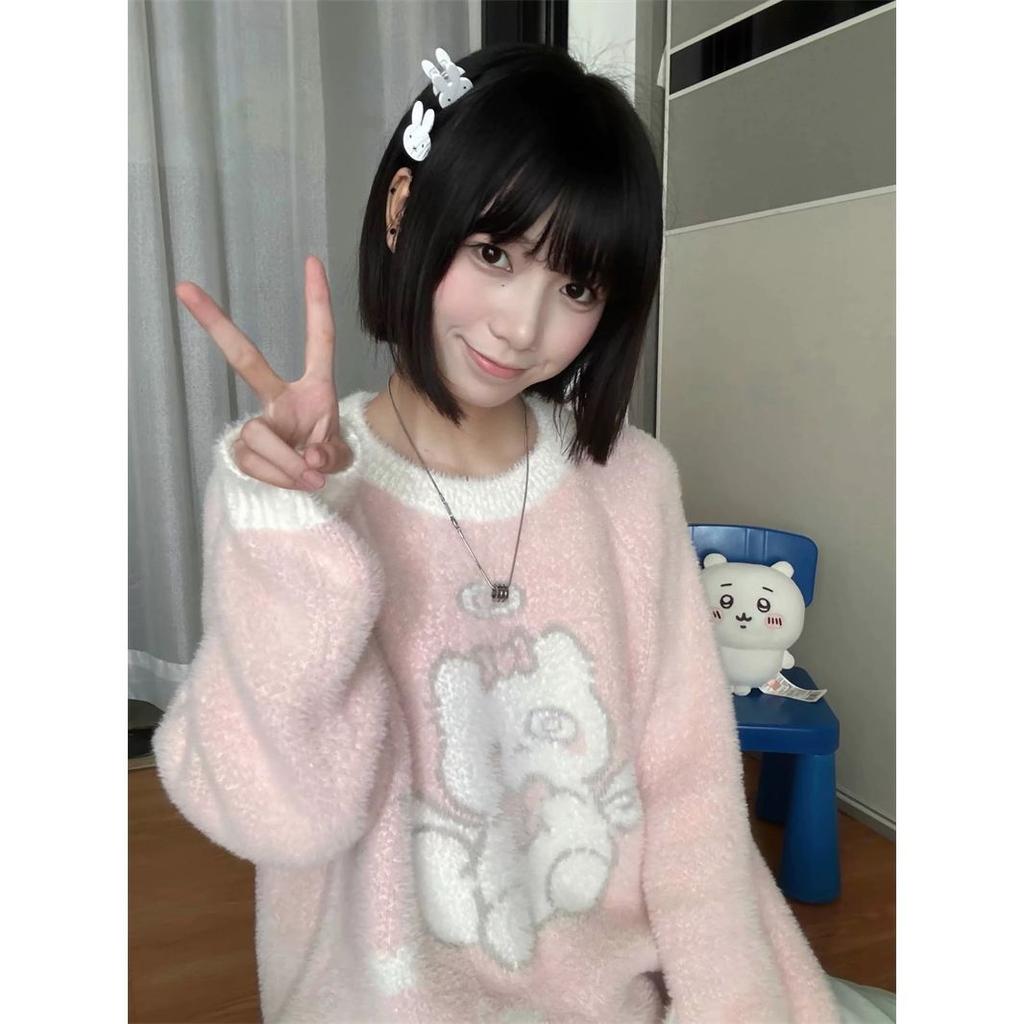 Y2k Милые вязаные пуловеры для женщин в японском стиле Kawaii Harajuku с мультяшным принтом в стиле пэчворк свободный свитер мягкие топы для девочек