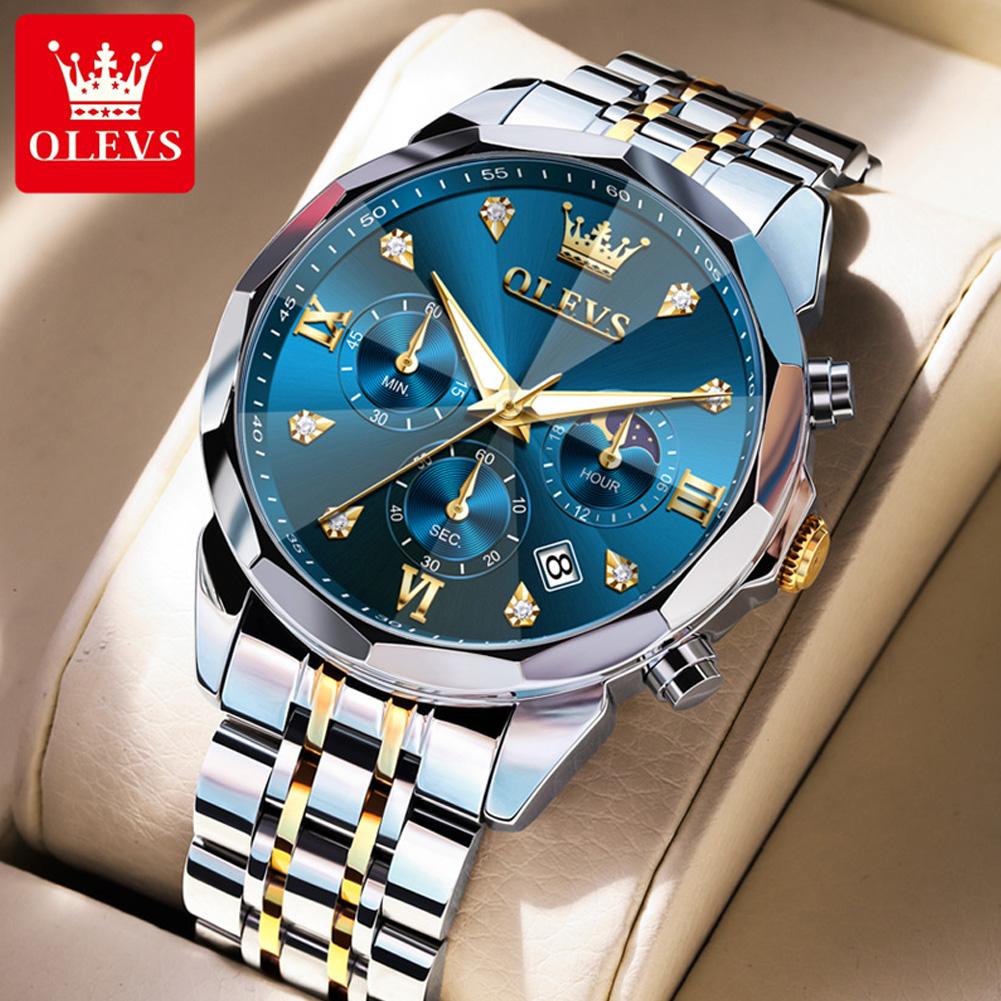 OLEVS 3670 Original Quartz Watch For Men Three Dials 24-hour Moon Phase Luminous Function 30m Waterproof Calendar Window Watch