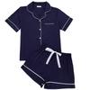 Women’s Sleeping Suits Rayon Short Sleeves Pajamas Button Up Piped Shirt and Shorts 2 Pieces Set Summer Home Night Sleep Casual Lounge Wear
