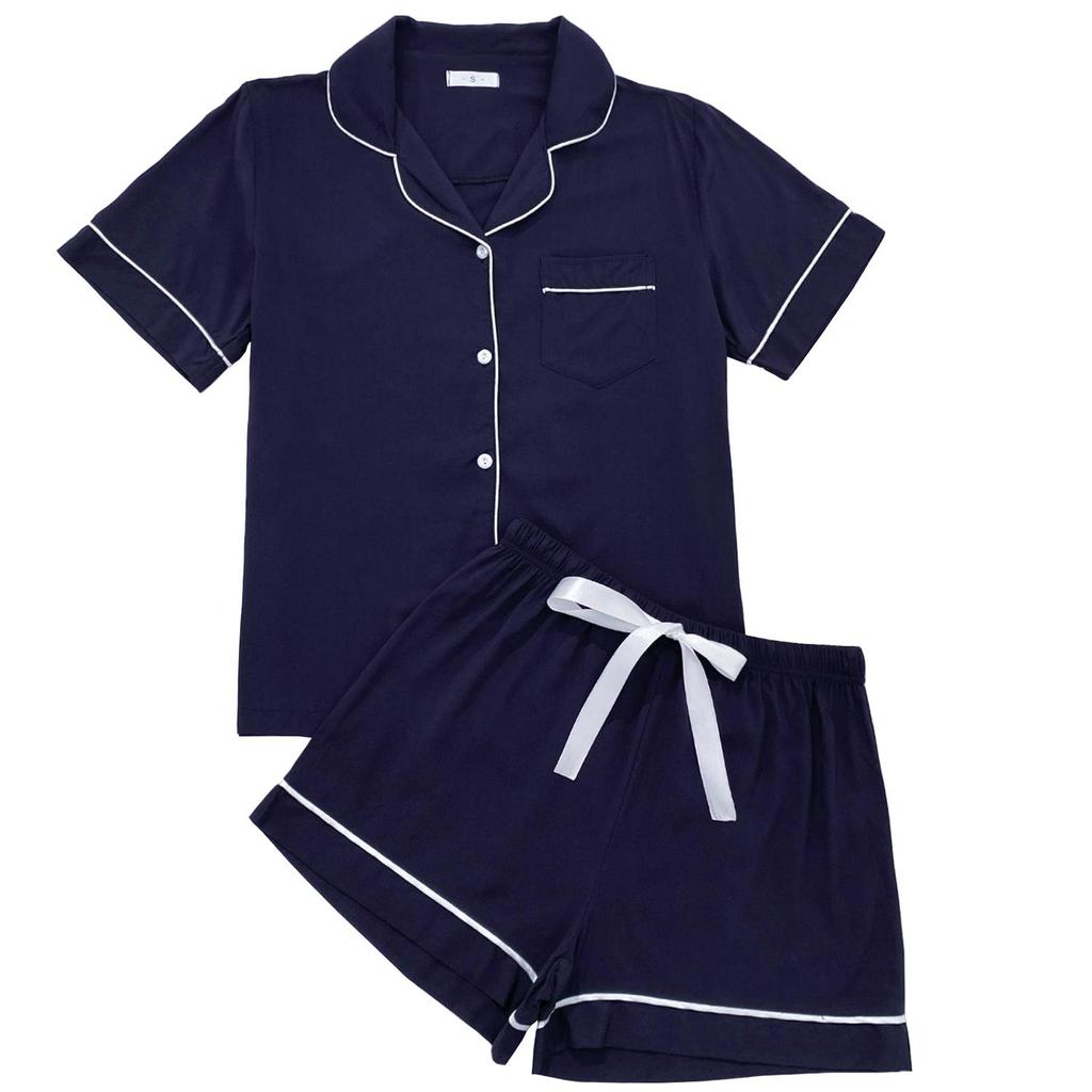 Women’s Sleeping Suits Rayon Short Sleeves Pajamas Button Up Piped Shirt and Shorts 2 Pieces Set Summer Home Night Sleep Casual Lounge Wear