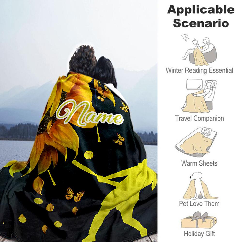 Softball Flower Style Personalized Text Blanket Multi-purpose Personalized Blanket Soft Warm Cozy Perfect for Chair Bedding Office Home Decor