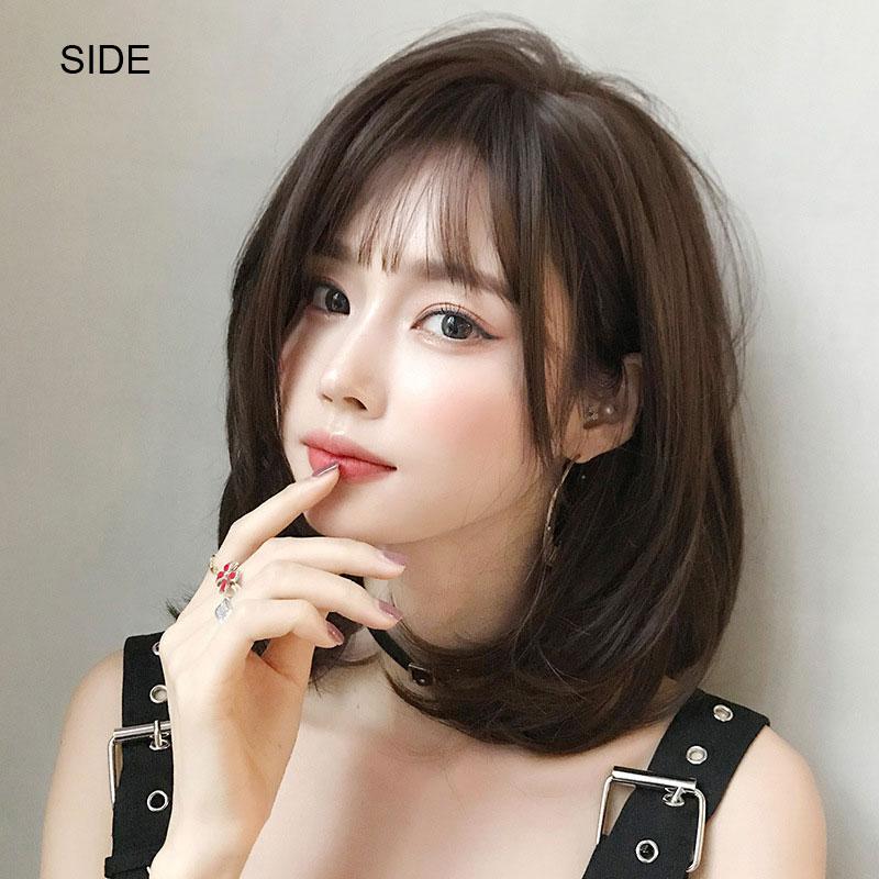 Женский парик с кружевом спереди, термостойкий, короткий, с прямой челкой, для ежедневного использования, натуральный, длиной до плеч, с завитками внутрь