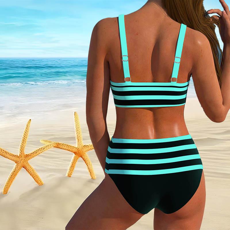 Shoulder Swimsuit Striped Womens Strap Printed Bikini Short Tank Top Swimsuit
