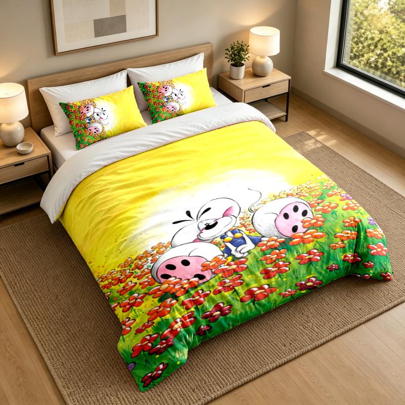3-Piece Bed Sheet Set with Diddl Design, 1 Flat Sheet and 2 Pillowcases for Bedroom