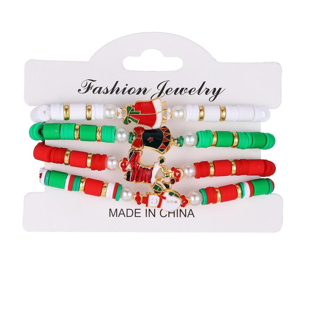 Christmas Polymer Clay Bead Bracelet Set: Santa Claus, Reindeer, and Tree