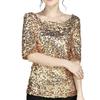 Solid Large Size Sequin Color Half Sleeve Shiny O Neck Loose Soft Breathable Pullover Sparkling Party Prom