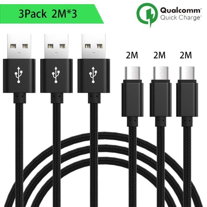 Micro USB Cable - Unspecified - Set of 3 - 2M - Black Nylon - Android Compatible