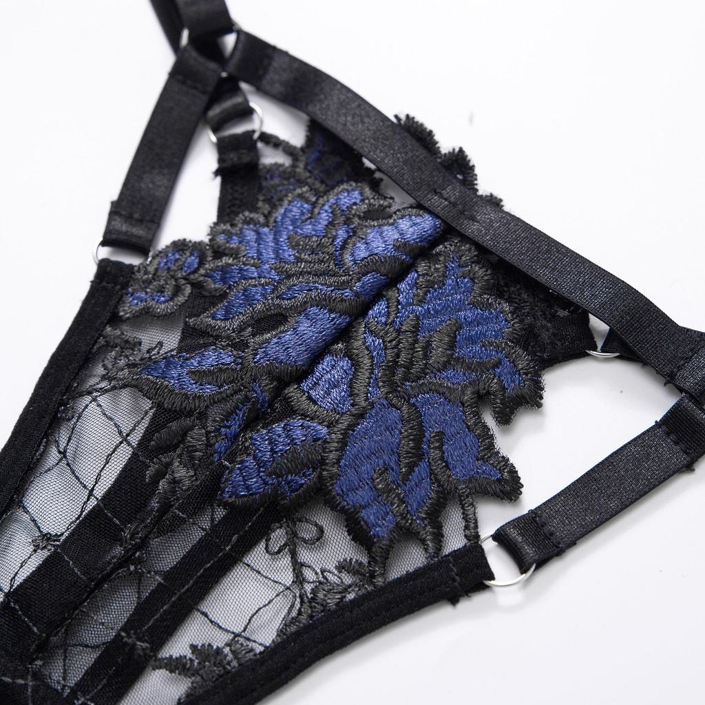 2022 Европейский и американский вышитый сетчатый цветочный комплект нижнего белья пуш-ап с поясом для чулок