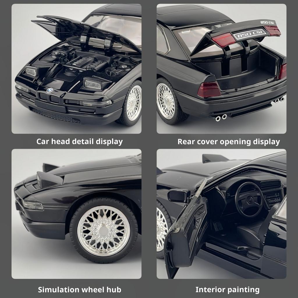 1:24 BMW Vintage 850CSI Classic Pop-up Headlights Simulation Alloy Car Model Kids' Toy Car Pull Back Gift for Boys & Collectors