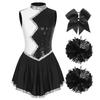 Womens Shiny Sequin Color Block Sleeveless Dress Bowknot Headwear Flower Balls Cheerleading Dance Costume