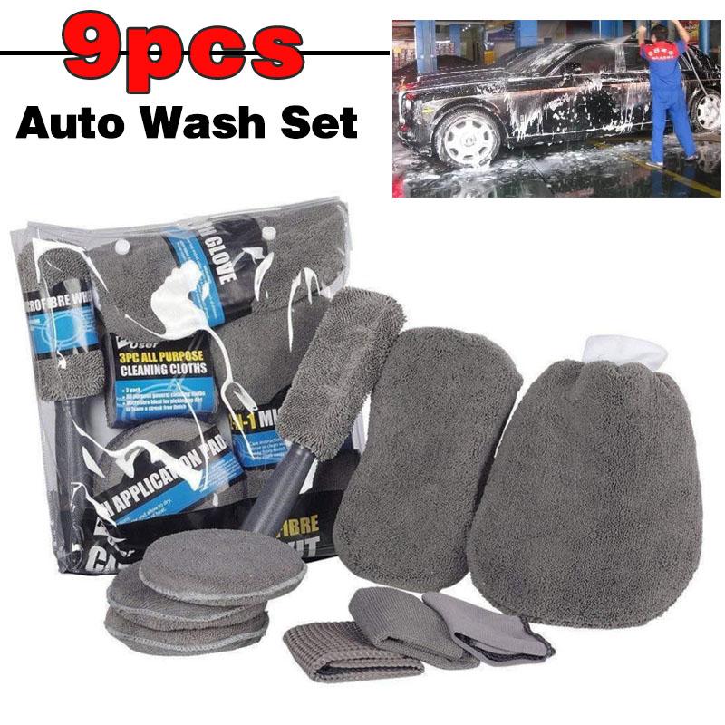 9 шт., инструмент для чистки автомобиля, рукавица для автомойки, полотенце из микрофибры, перчатки для мытья колес, щетка для колеса, губка для мытья автомобиля, набор для ухода за мойкой автомобиля