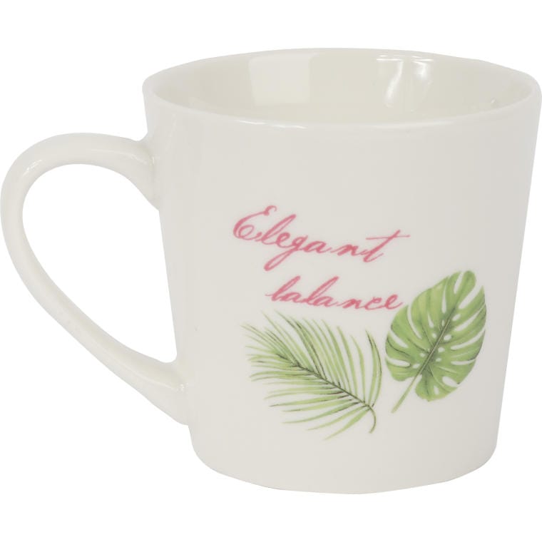 Gift set of a ceramic mug and spoon with flamingos and leaves