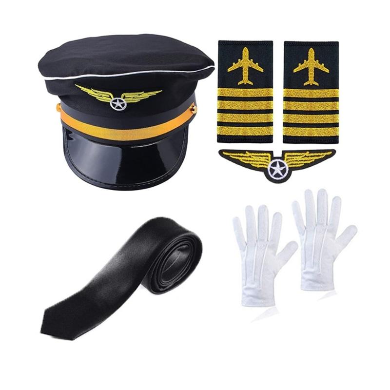 Airline Captain Costume Adult Pilot Cosplay Accessory Uniform Epaulette Hat Neck Tie Flight Attendant Role Play Outfit