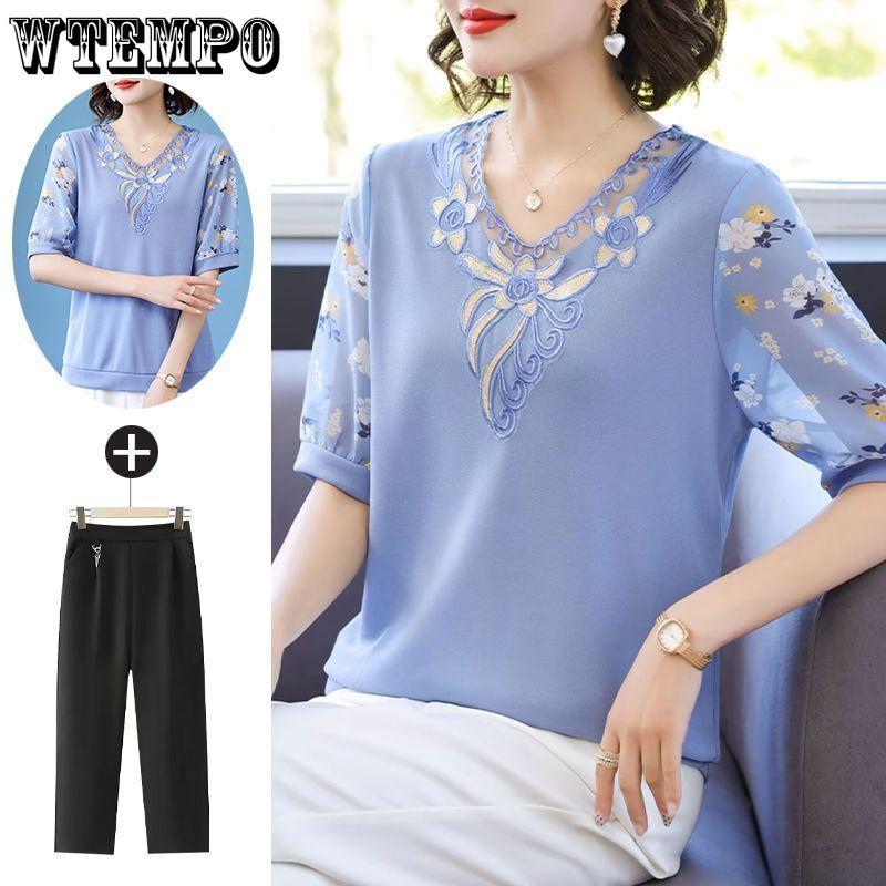 Футболка с короткими рукавами для мам на лето, топ из ледяного шелка для женщин среднего возраста, вязаный свитер для людей среднего и пожилого возраста