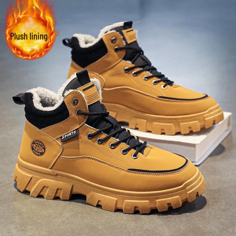 Men's High-Top Martin Boots - Velvet Winter Work Shoes, Retro Style with Thick Soles and Warm Cotton Lining.