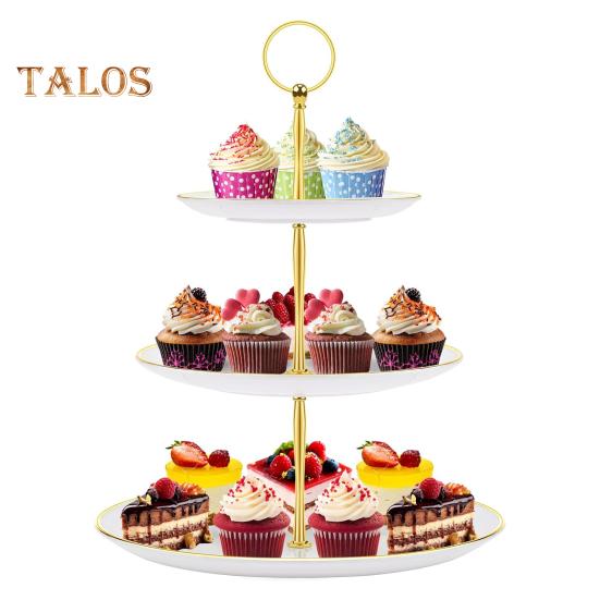 3-х уровневая подставка для кексов, чашка с золотыми краями, чашка для торта, десертная башня, пластиковый многоуровневый поднос, металлический стержень, украшение для детского душа, свадьбы, дня рождения