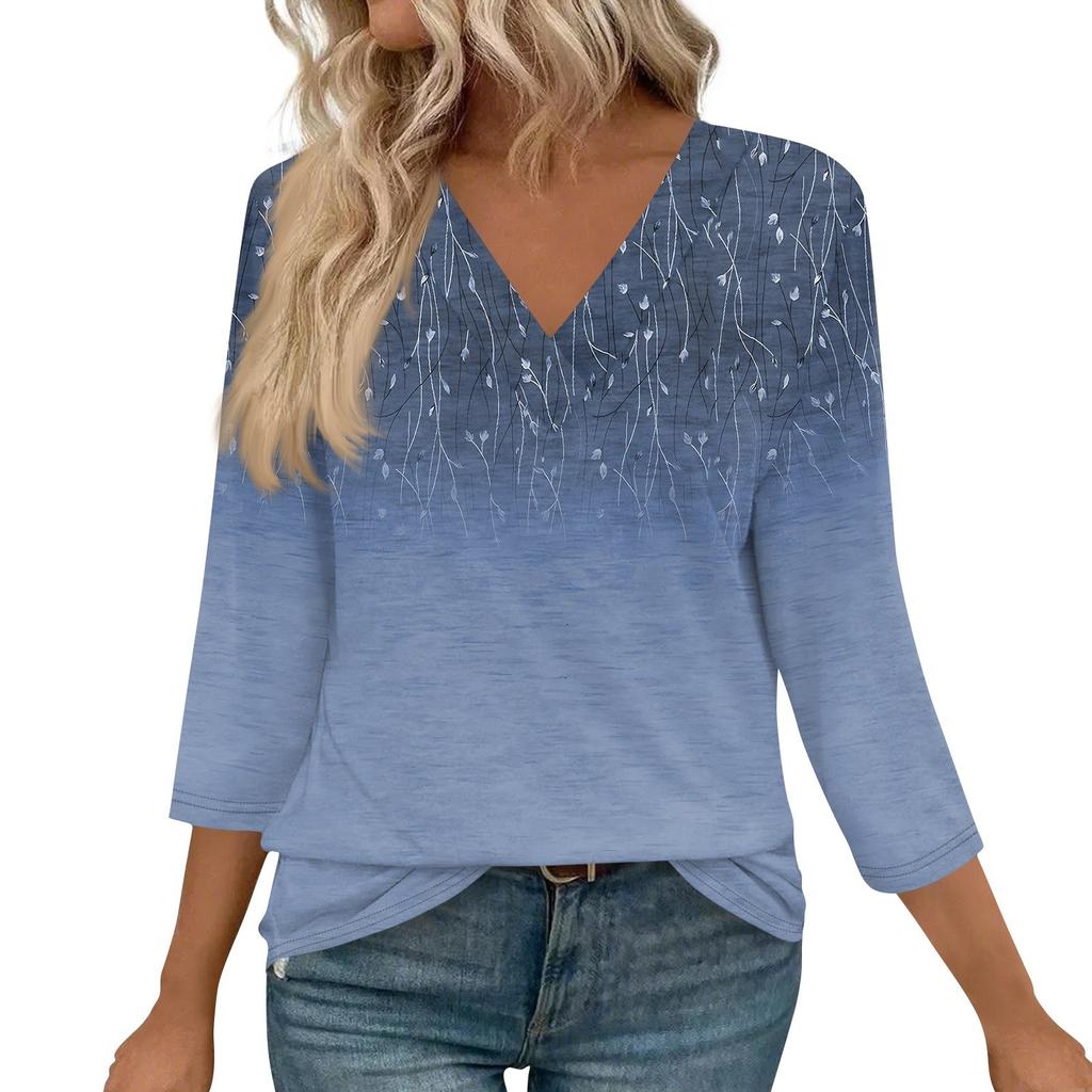 Женские рубашки с рукавом 3/4, топы с принтом и V-образным вырезом, повседневные топы, базовые футболки, блузки, свободные топы