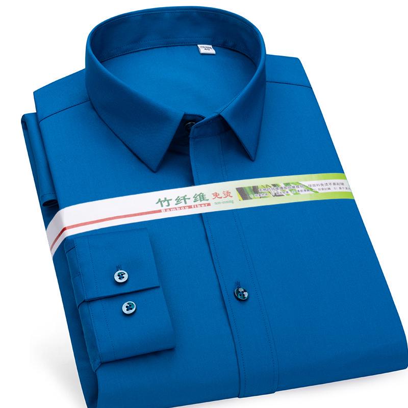 Men Square Collar Long Sleeve Casual Shirt Bamboo Fiber Regular Fit Soft Solid Formal Shirt Social