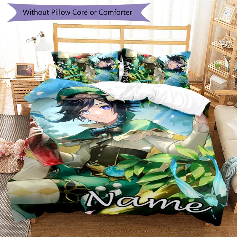 3pcs Custom Name Cartoon Genshin Impact characters Bedding Set Duvet Cover Closure Includes 1 Duvet Cover & 2 Pillowcases for All Seasons Bedroom Deco