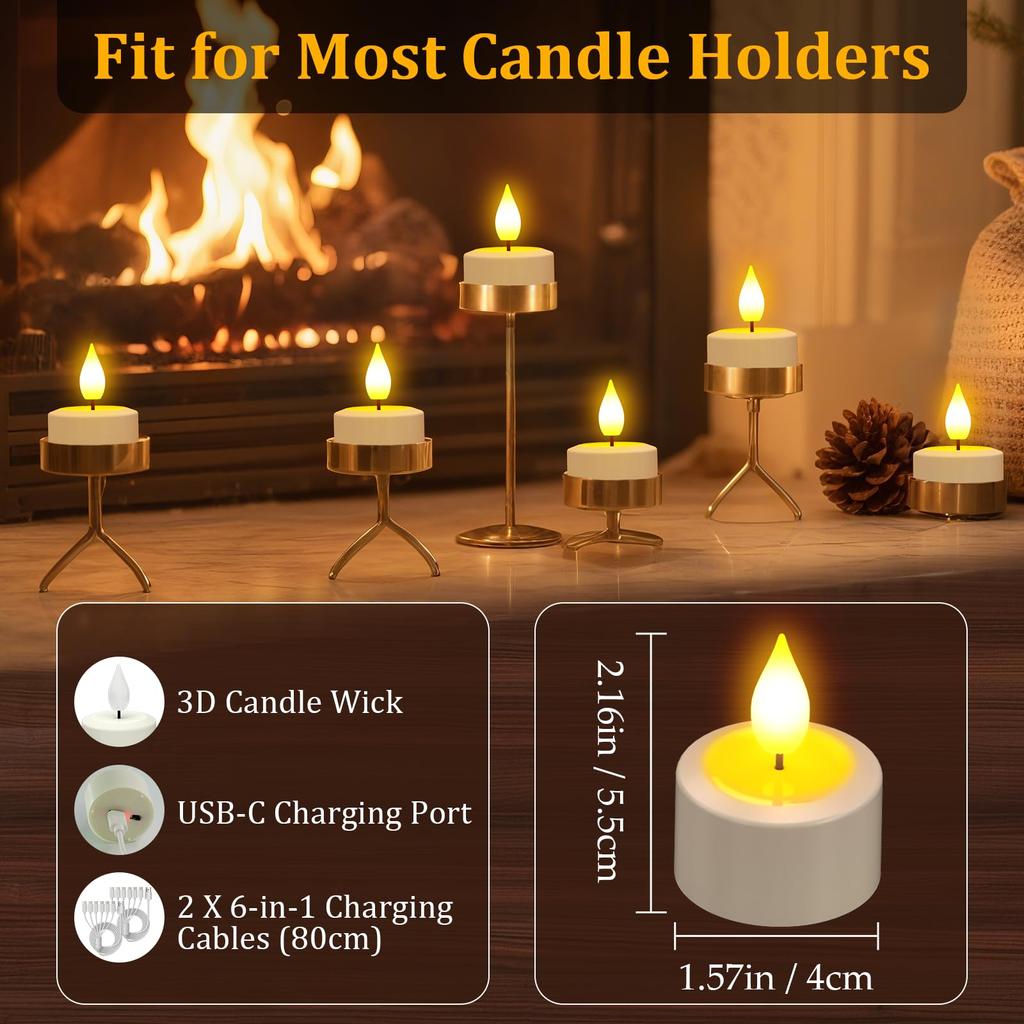 PChero Rechargeable LED Candles with Timer, USB Rechargeable Flameless LED Tealights, Energy-Saving, Set of 6, for Indoor and Outdoor Decoration,
