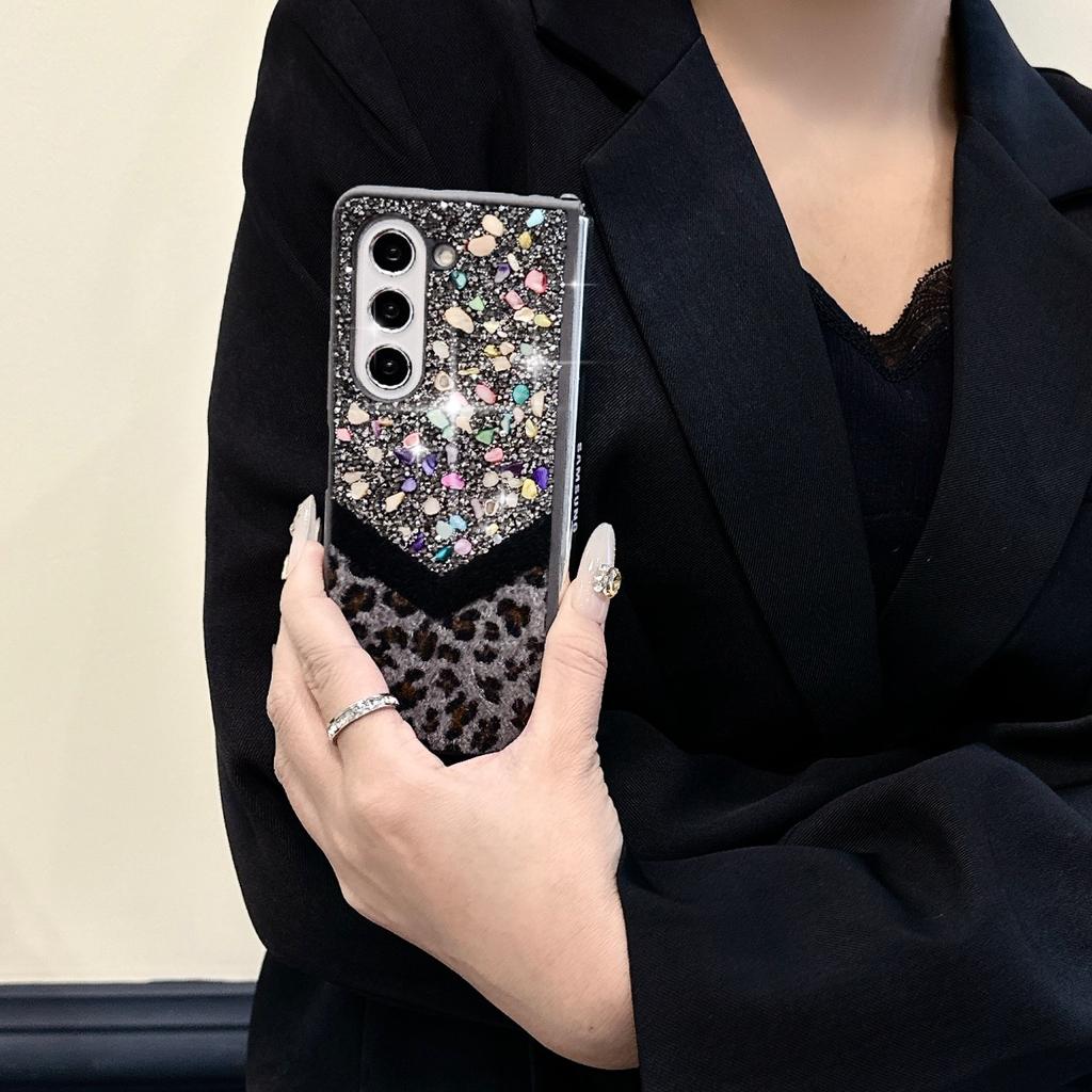 Подходит для Samsung ZFLIP6, блестящий камень, пэчворк, леопардовый принт, плюш, Samsungfold6, защитный чехол для мобильного телефона