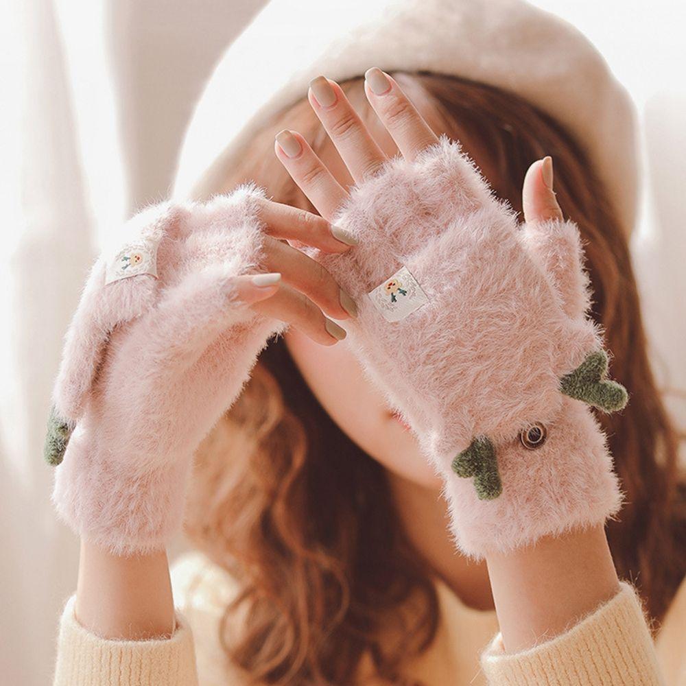 Autumn And Winter Antlers Flip Mittens Female Gloves Christmas Wool Mittens Half-finger Gloves
