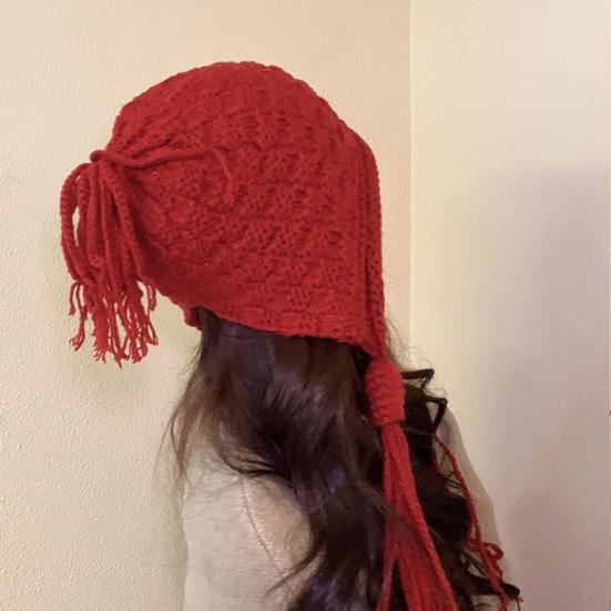 Женская зимняя шапка с длинной кисточкой, утолщенная вязаная, эластичная, противоскользящая, мягкая, с защитой ушей, однотонная, дышащая, ветрозащитная, декоративная шапка-бини KTB