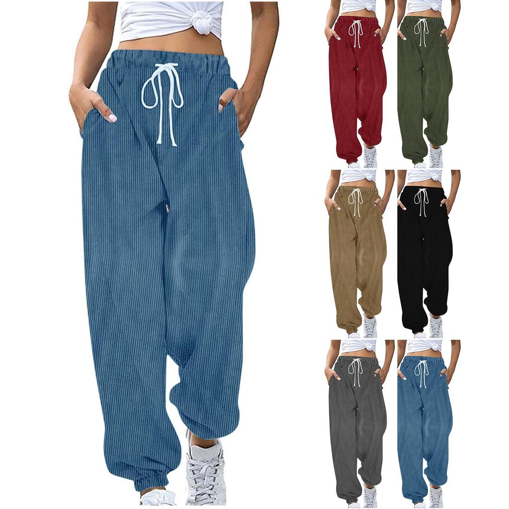Corduroy Pants For Women Fashion Pockets Elastic Waist Drawstring Jogger Pants Outdoor Casual Sweat Pants