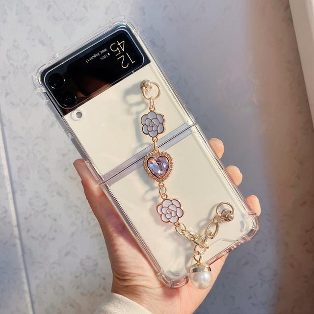 Симпатичный кожаный браслет-цепочка с бусинами, медведем и цветком, чехол для телефона для Samsung Galaxy Z Flip 4 Z Flip 3, прозрачный противоударный Z-откидной чехол Para