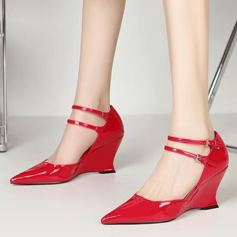 Женские модные босоножки на танкетке с пряжкой на высоком каблуке, сексуальные босоножки с острым носком из искусственной кожи, однотонные туфли для вечеринок 35-40