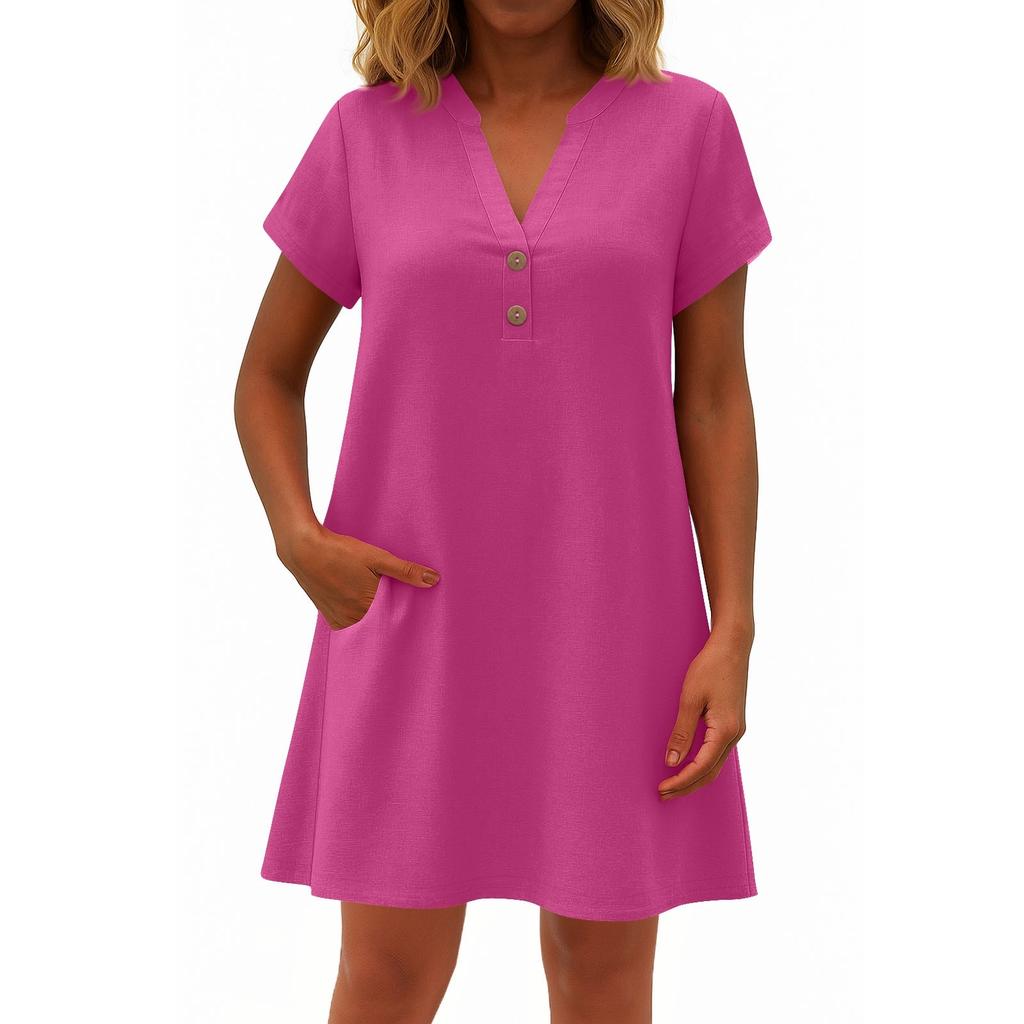 Women's Fashionable Solid Color V Neck Button Short Sleeved Pullover Dress