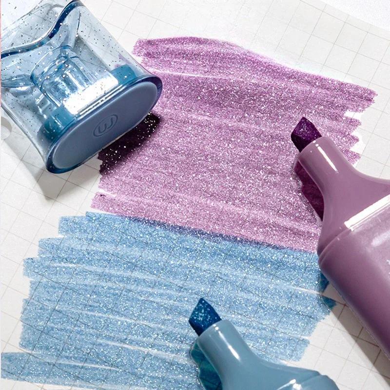 4Pcs Aesthetic Shiny Starry Sky Highlighter Pen Student Scrapbooking Notebook Paint Marker Stationery Kawaii School Supplies