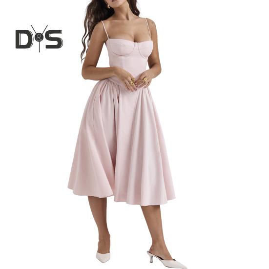 Женское платье с глубоким вырезом на тонких бретельках и открытой спиной без рукавов А-силуэта, большие качели, чистый цвет, тонкая талия, плиссированное платье миди для коктейльной вечеринки, выпускного вечера