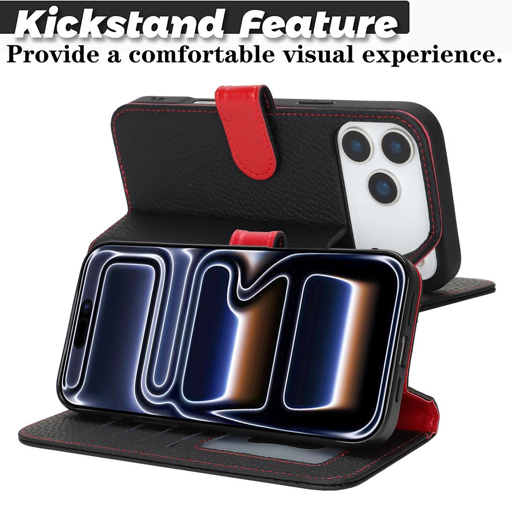 Чехол-подставка для iPhone 17 Pro Max, текстура личи, натуральная коровья кожа, кошелек, чехол для телефона, блокировка RFID