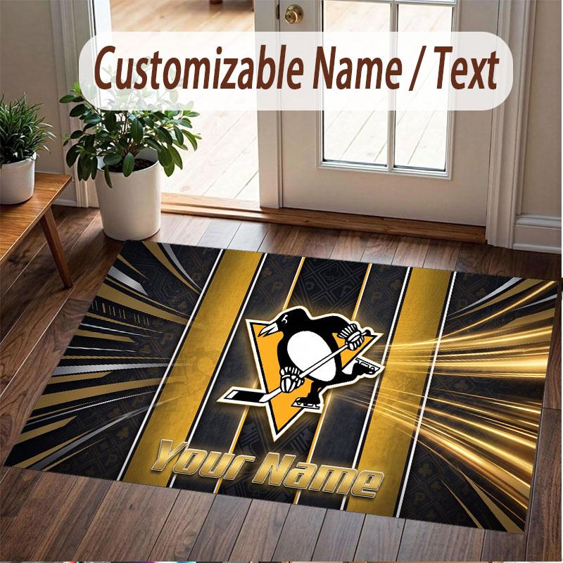 Custom Rug Pittsburgh Penguins Pattern Print Name Text Soft Non‑Slip Floor Carpet for Home Indoor Decoration