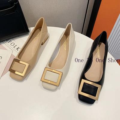 Кожаные одинарные туфли для женщин 2024 года, летние новые металлические квадратные пряжки, женские туфли на среднем каблуке, корейские мягкие кожаные туфли
