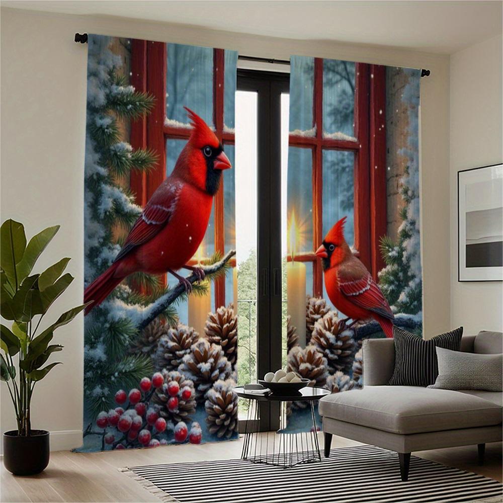 Light Filtering Winter Cardinal Curtains Pine Cone Candlelight Snow Scene Semi Opaque Polyester Living Room Bedroom Curtain Set Of 2 Made Washable