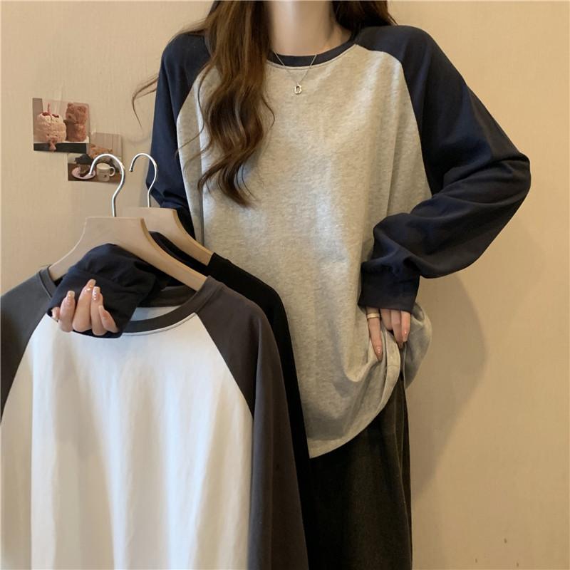 Women' Spring and Autumn Tee Tops for Women Shirts Grey O Neck Contrast Color Long Sleeve T Shirt Loose T-shirt Patchwork