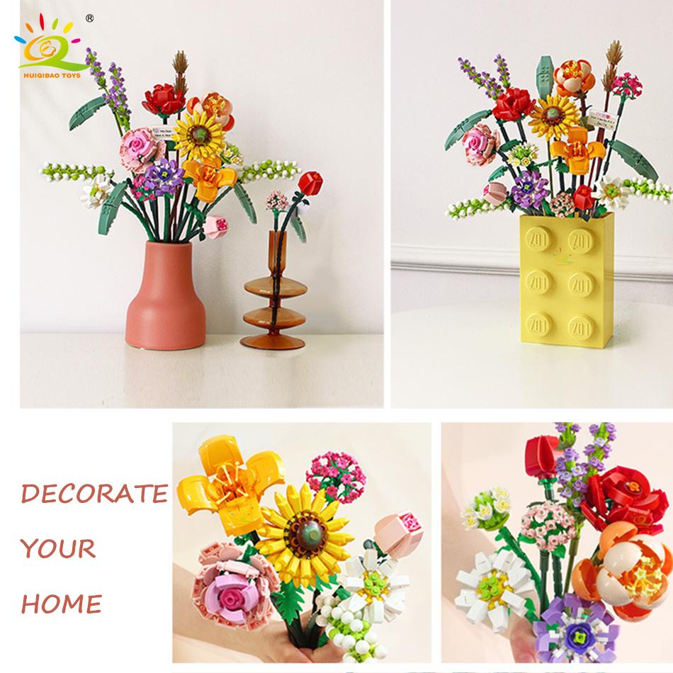 Цветочный букет, строительный блок, 3D модель, кирпичи, игрушки для девочек и мальчиков, набор друзей, имитация розы, растение в горшке, подарок