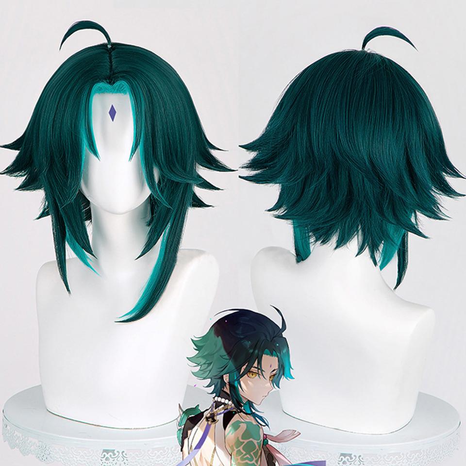 WTB Synthetic Wig Game Dharma Hag -Xiao Genshin Impact Cosplay Cartoon Wig Fluffy High-Gloss Anti-warping Short Hair Wig