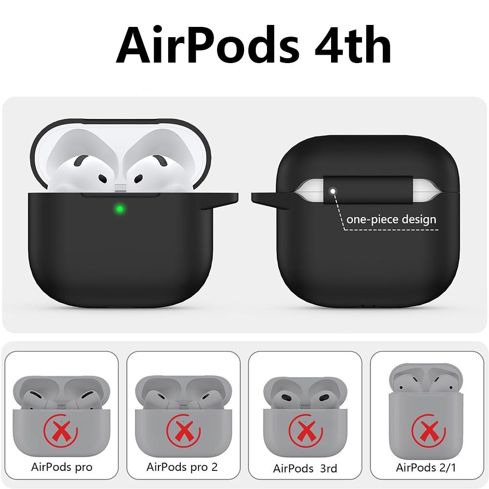 Soft Silicone Protective Case for AirPods 4 with Keychain, Black