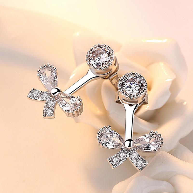 Серьги-гвоздики Sweet Bow с цирконами спереди и сзади, серьги, персонализированные серьги с бахромой для девочек, ювелирные изделия.