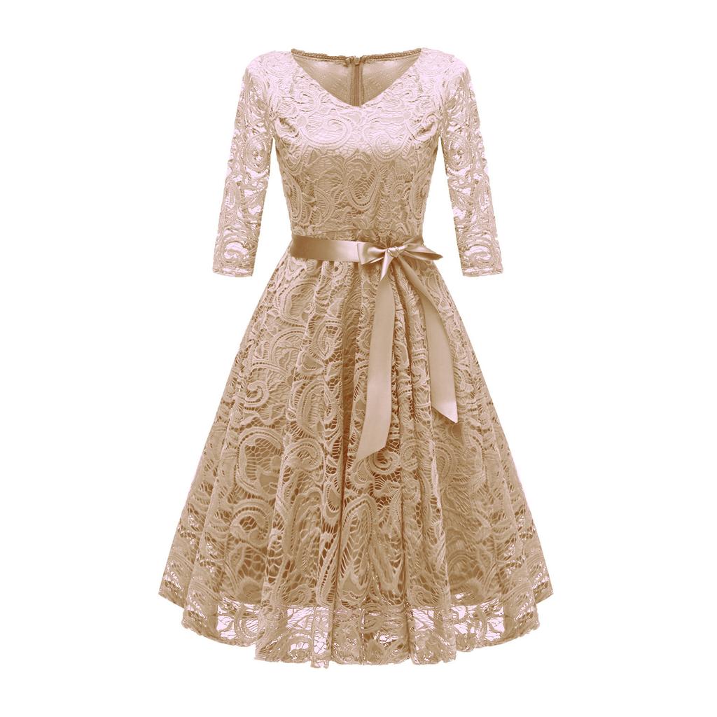 Women's Fashion Vintage V-Neck Long Sleeve Lace Retro Slim Evening Dress