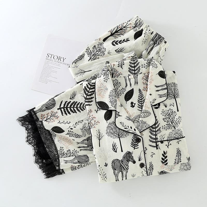 Простая двухслойная женская пижама из чистого хлопка с марлей, весна/осень, тонкая, с длинными рукавами, свободная домашняя одежда, черная пижама с принтом «зебра и лес»