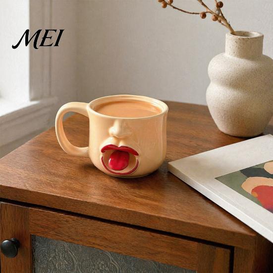 Unique Housewarming Present Quirky Tongue Out Ceramic Coffee Mug, 10oz 3D Sculpted Face Cup Modern Kitchen Drinking for Tea Milk, Funny Creative