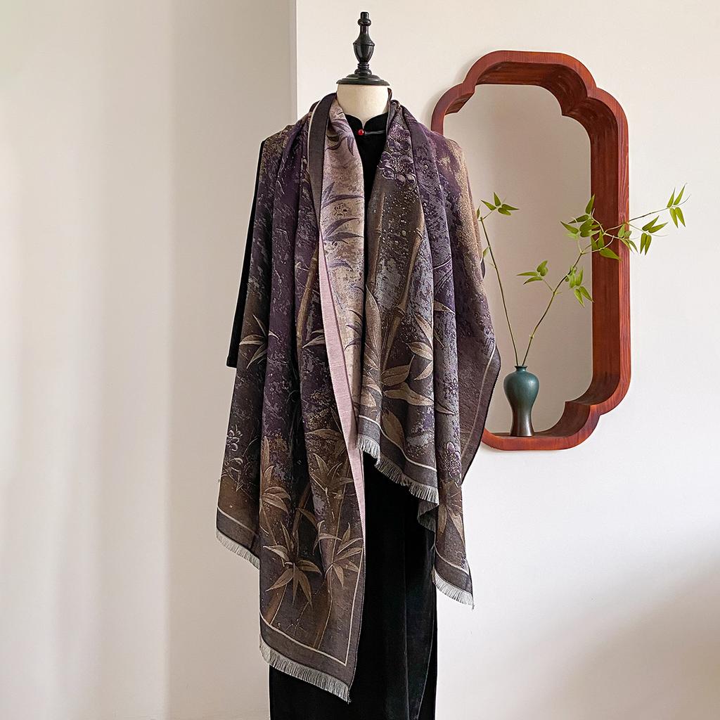 Новая элегантность Китайский стиль Женский шарф Мягкая теплая пашмина Принт бамбука Шаль Зимний Женский Защита от холода Ветрозащитный Шарф-одеяло