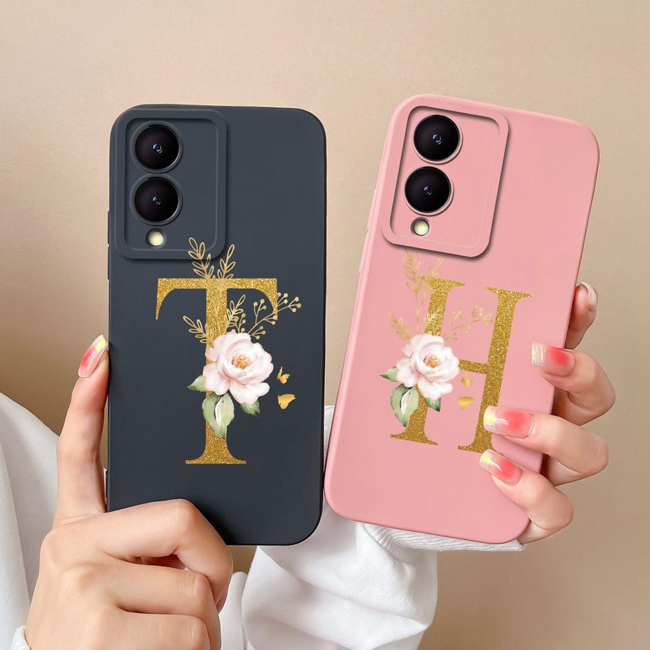 Чехол для VIVO Y17S 4G A To Z Милый Цветочный Буквенный Узор Гладкий Жидкий Силиконовый Чехол Для VIVOY17S Y17s 4G Модный Чехол Для Пары