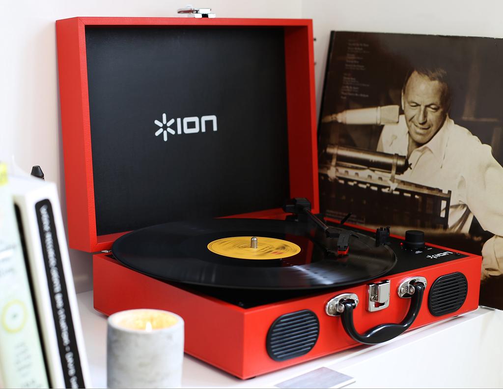 ION Audio Portable record suitcase runs on Vinyl red player, type, built-in speaker, portable, batteries, Transport,