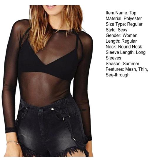 Женский клубный топ, прозрачный ультратонкий сетчатый сплошной цвет с длинными рукавами, мягкий дышащий пуловер с круглым вырезом, эластичный облегающий пляжный топ в стиле панк